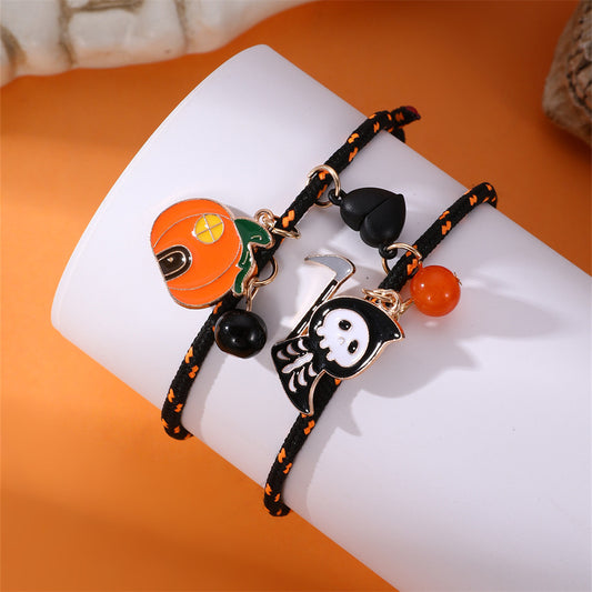 Halloween Bracelet Set – Pumpkin & Skull Magnetic Couple Rope Bracelets