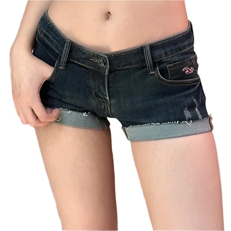 Summer 2024 Women’s Sexy High-Waisted Denim Shorts – Slim Fit, Elastic Low Waist Hot Pants with Pockets & Button Detail – Deep Blue Club Style