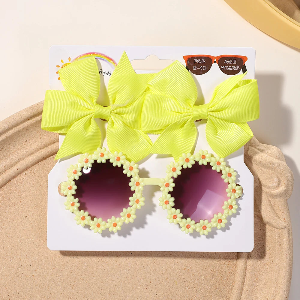 3-Piece Cheer Bow Hair Clip & Retro Flower Sunglasses Set – Handmade Cute Kids Accessories