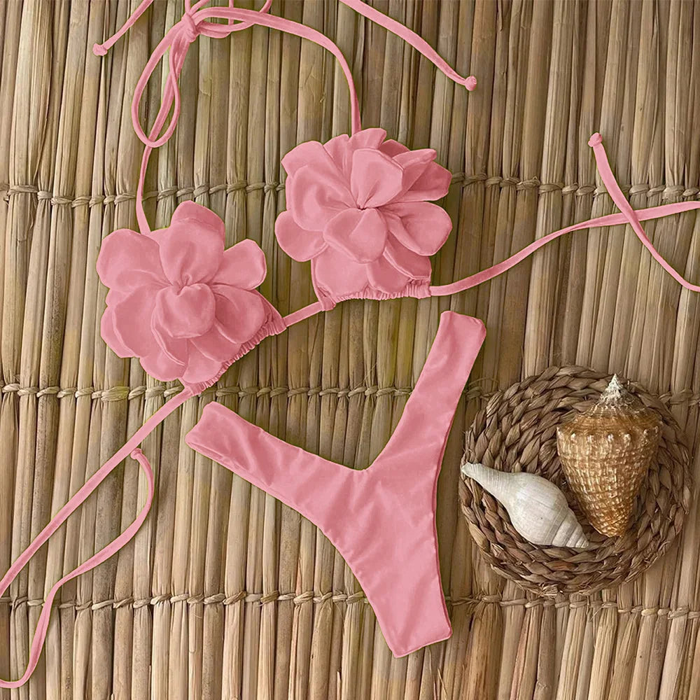 Sexy Floral Lace-Up Micro Bikini Set for Women – 2025 Brazilian Thong Swimwear, Push-Up Two-Piece Beach Bathing Suit