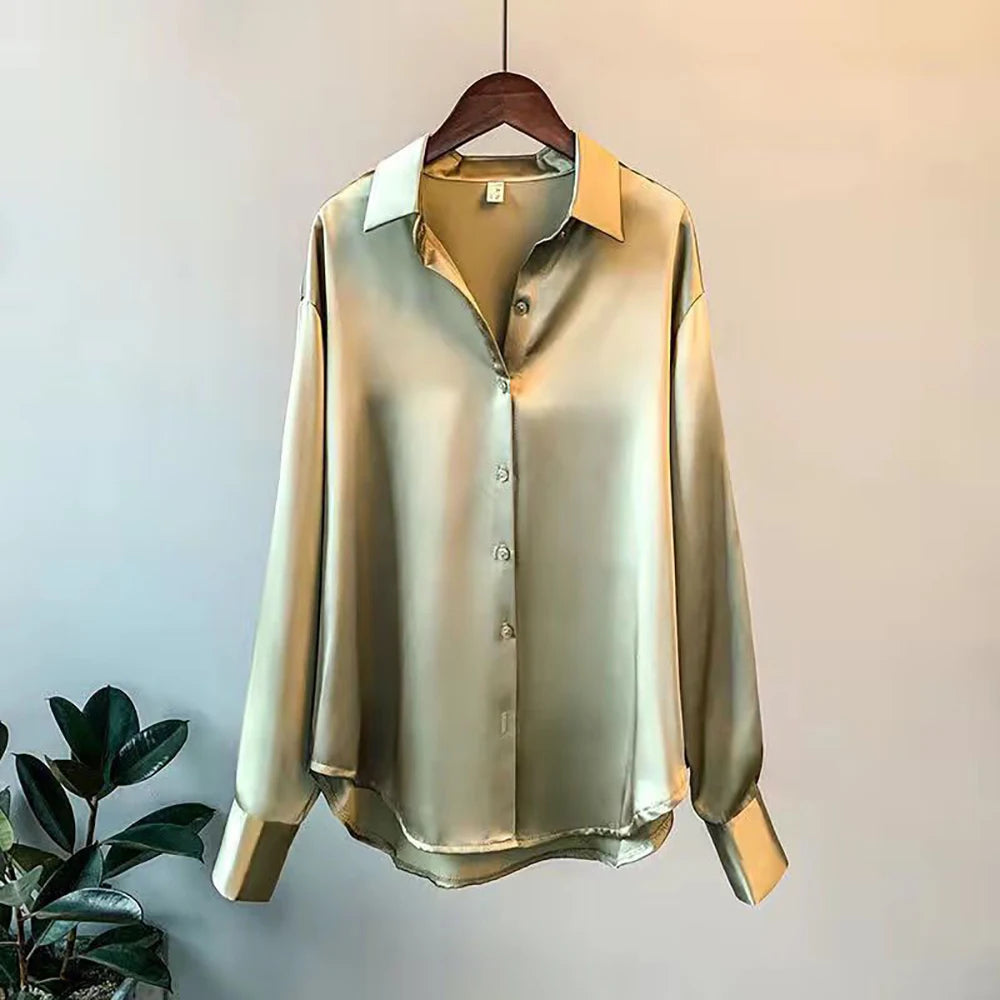 Elegant Satin Long Sleeve Button-Up Shirt - StarLuxeTrend
