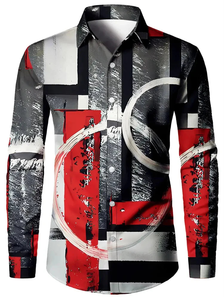 Men’s 3D Print Shirt – Casual V-Neck Long Sleeve Shirt