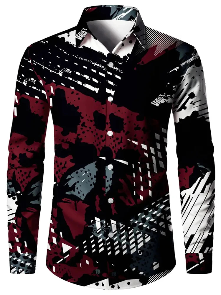 Men’s 3D Print Shirt – Casual V-Neck Long Sleeve Shirt