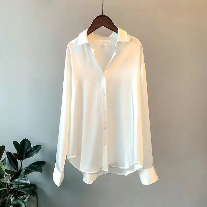 Elegant Satin Long Sleeve Button-Up Shirt - StarLuxeTrend