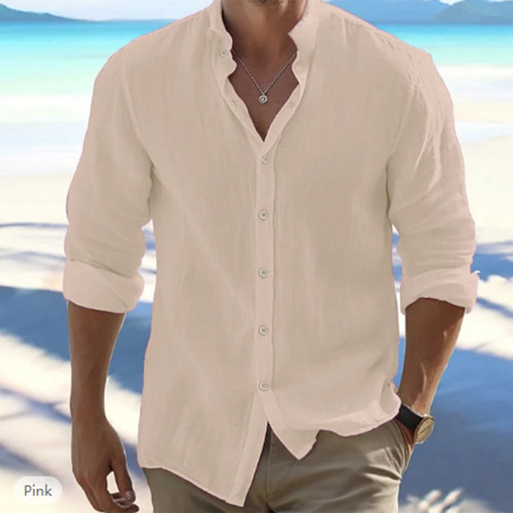 Men's Cotton Linen Long-Sleeved Shirt – Summer Casual Beach Style, Solid Color, Stand-Up Collar, Plus Size - StarLuxeTrend