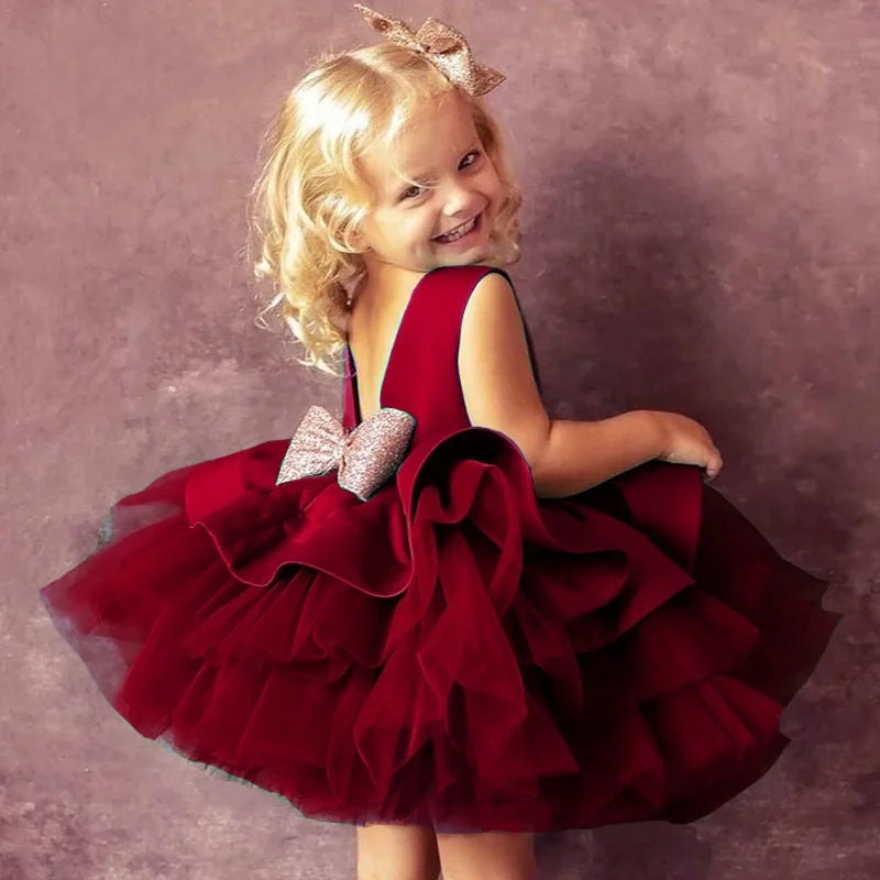 Elegant Bow Backless Christmas & Birthday Party Dress for Girls – Sleeveless Knee-Length Princess Ball Gown (1–3Y)