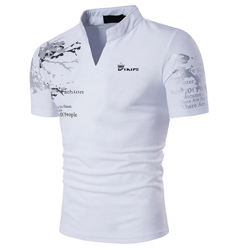 Men’s Graphic Print Polo Shirt – V-Neck Casual Summer Golf & Streetwear | Short Sleeve Polyester Top