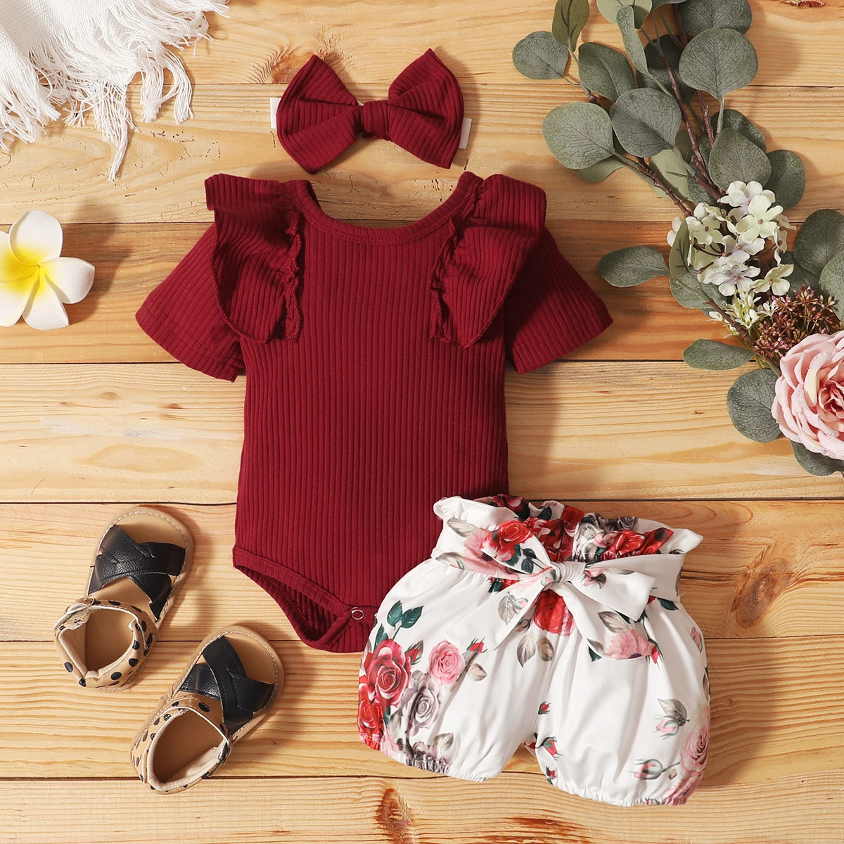 Adorable Baby Girl Summer Outfit Set – Floral Print Ruffle Top with Matching Headband & Shoes | Sizes 3M–24M