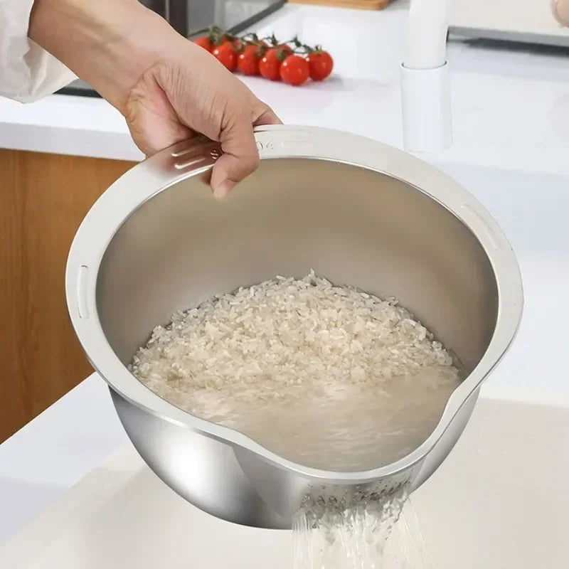 Rice Washer Strainer Bowl - 4-in-1 Washing Bowl for Quinoa -Stainless Steel Rinser With Side Drains