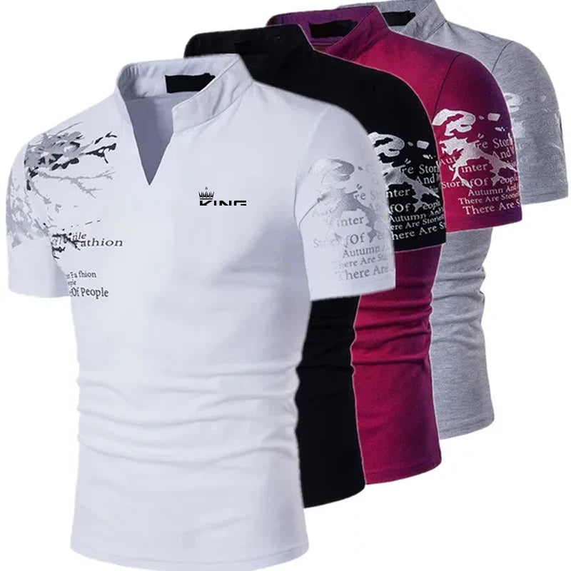 Men’s Graphic Print Polo Shirt – V-Neck Casual Summer Golf & Streetwear | Short Sleeve Polyester Top