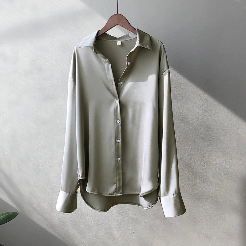 Elegant Satin Long Sleeve Button-Up Shirt - StarLuxeTrend