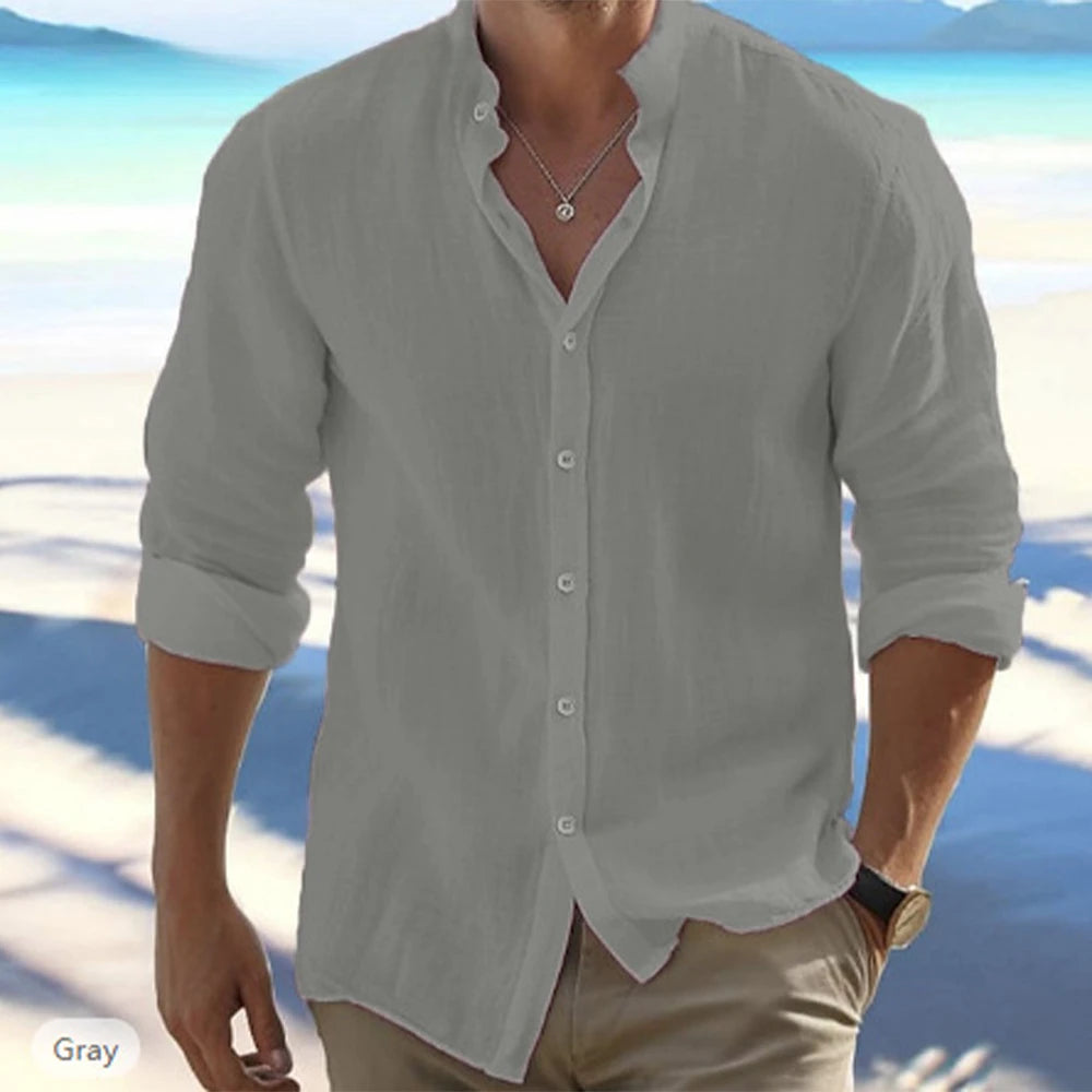 Men's Cotton Linen Long-Sleeved Shirt – Summer Casual Beach Style, Solid Color, Stand-Up Collar, Plus Size - StarLuxeTrend