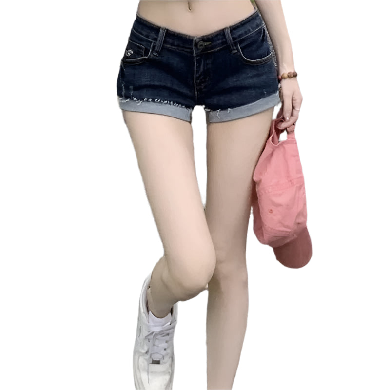 Summer 2024 Women’s Sexy High-Waisted Denim Shorts – Slim Fit, Elastic Low Waist Hot Pants with Pockets & Button Detail – Deep Blue Club Style