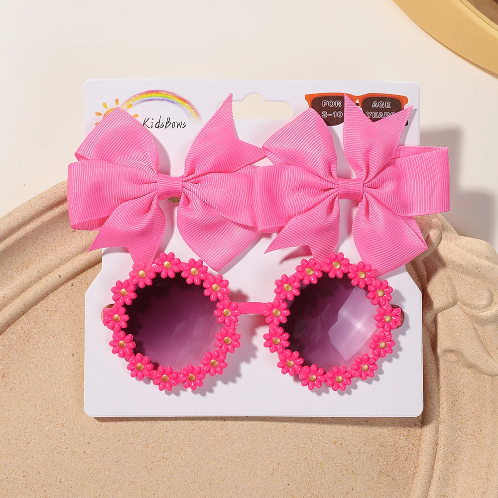 3-Piece Cheer Bow Hair Clip & Retro Flower Sunglasses Set – Handmade Cute Kids Accessories