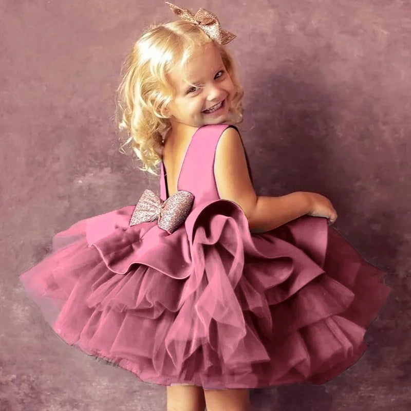 Elegant Bow Backless Christmas & Birthday Party Dress for Girls – Sleeveless Knee-Length Princess Ball Gown (1–3Y)