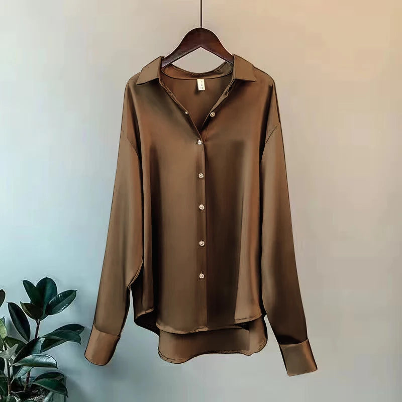 Elegant Satin Long Sleeve Button-Up Shirt - StarLuxeTrend