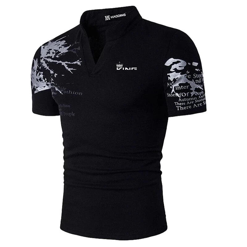 Men’s Graphic Print Polo Shirt – V-Neck Casual Summer Golf & Streetwear | Short Sleeve Polyester Top