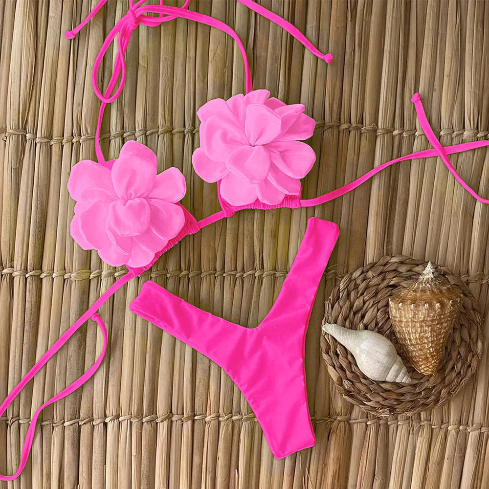 Sexy Floral Lace-Up Micro Bikini Set for Women – 2025 Brazilian Thong Swimwear, Push-Up Two-Piece Beach Bathing Suit
