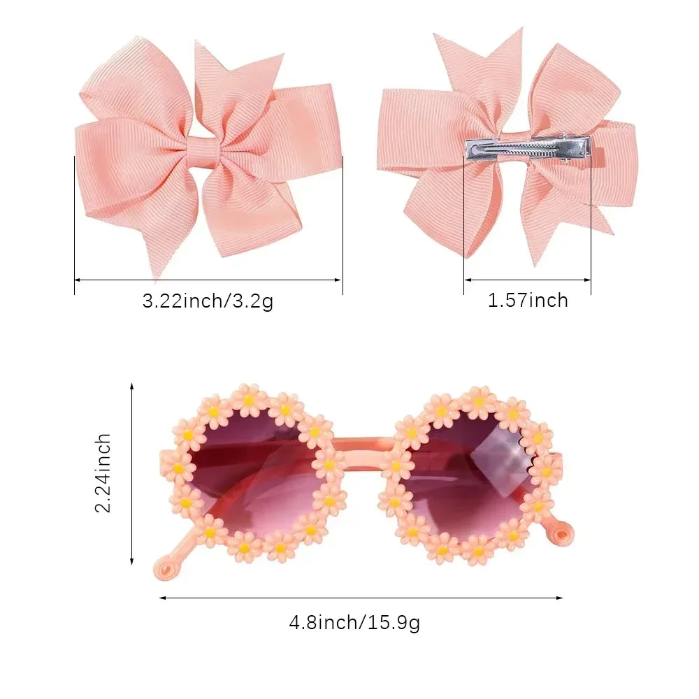 3-Piece Cheer Bow Hair Clip & Retro Flower Sunglasses Set – Handmade Cute Kids Accessories