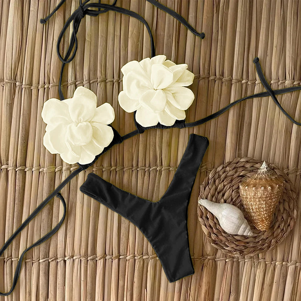 Sexy Floral Lace-Up Micro Bikini Set for Women – 2025 Brazilian Thong Swimwear, Push-Up Two-Piece Beach Bathing Suit