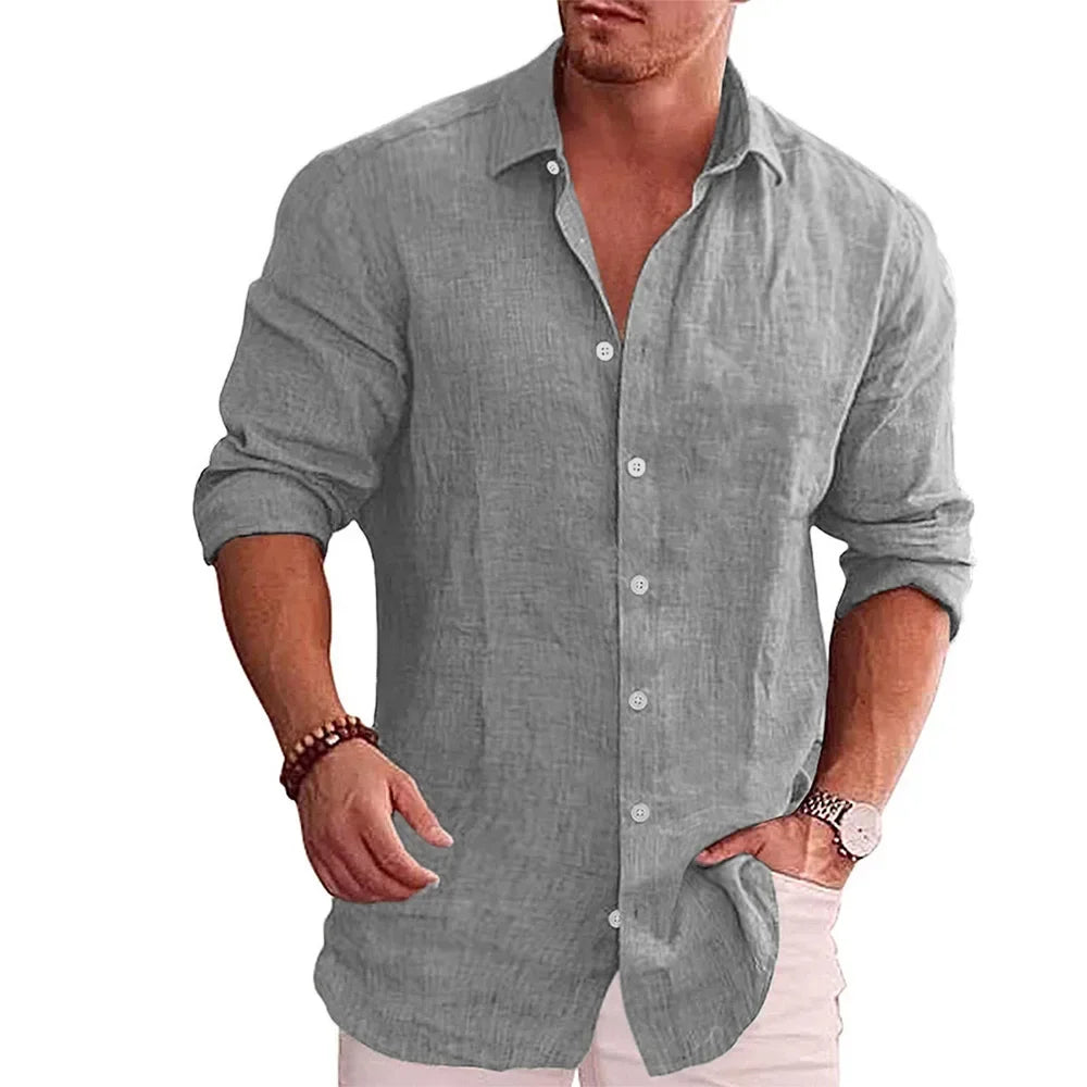 Men’s Casual Long Sleeve Cotton Linen Shirt – Lightweight Breathable Spring & Autumn Button-Down Top