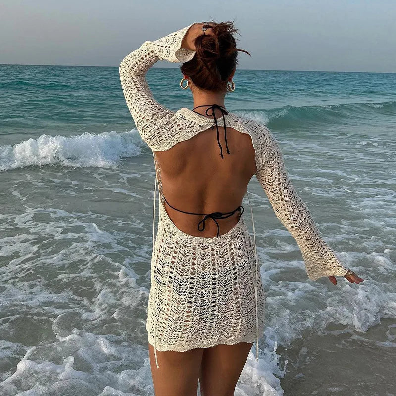 Vintage Crochet Hollow Out Dress Cover-Up – Chic & Sexy Knit Mini Dress - StarLuxeTrend