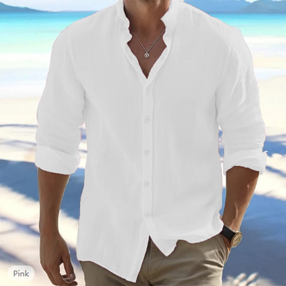Men's Cotton Linen Long-Sleeved Shirt – Summer Casual Beach Style, Solid Color, Stand-Up Collar, Plus Size - StarLuxeTrend