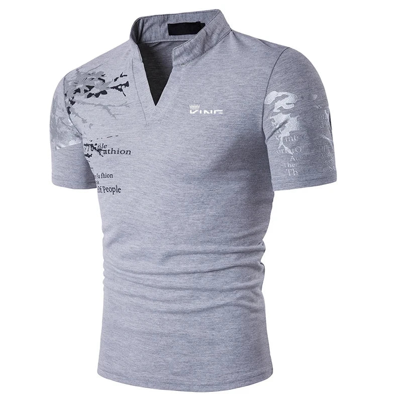 Men’s Graphic Print Polo Shirt – V-Neck Casual Summer Golf & Streetwear | Short Sleeve Polyester Top