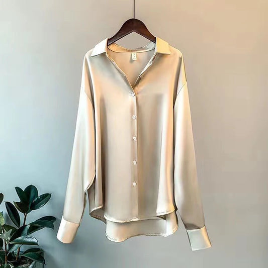 Elegant Satin Long Sleeve Button-Up Shirt - StarLuxeTrend