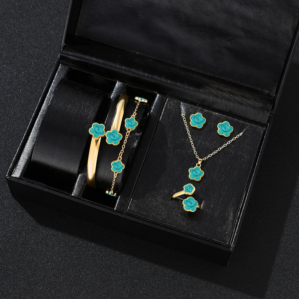 Lucky Five-Petal Flower Jewelry Set for Women – 5pcs Fashion Necklace, Earrings, Ring, Bracelet- Anniversary & Birthday Gift