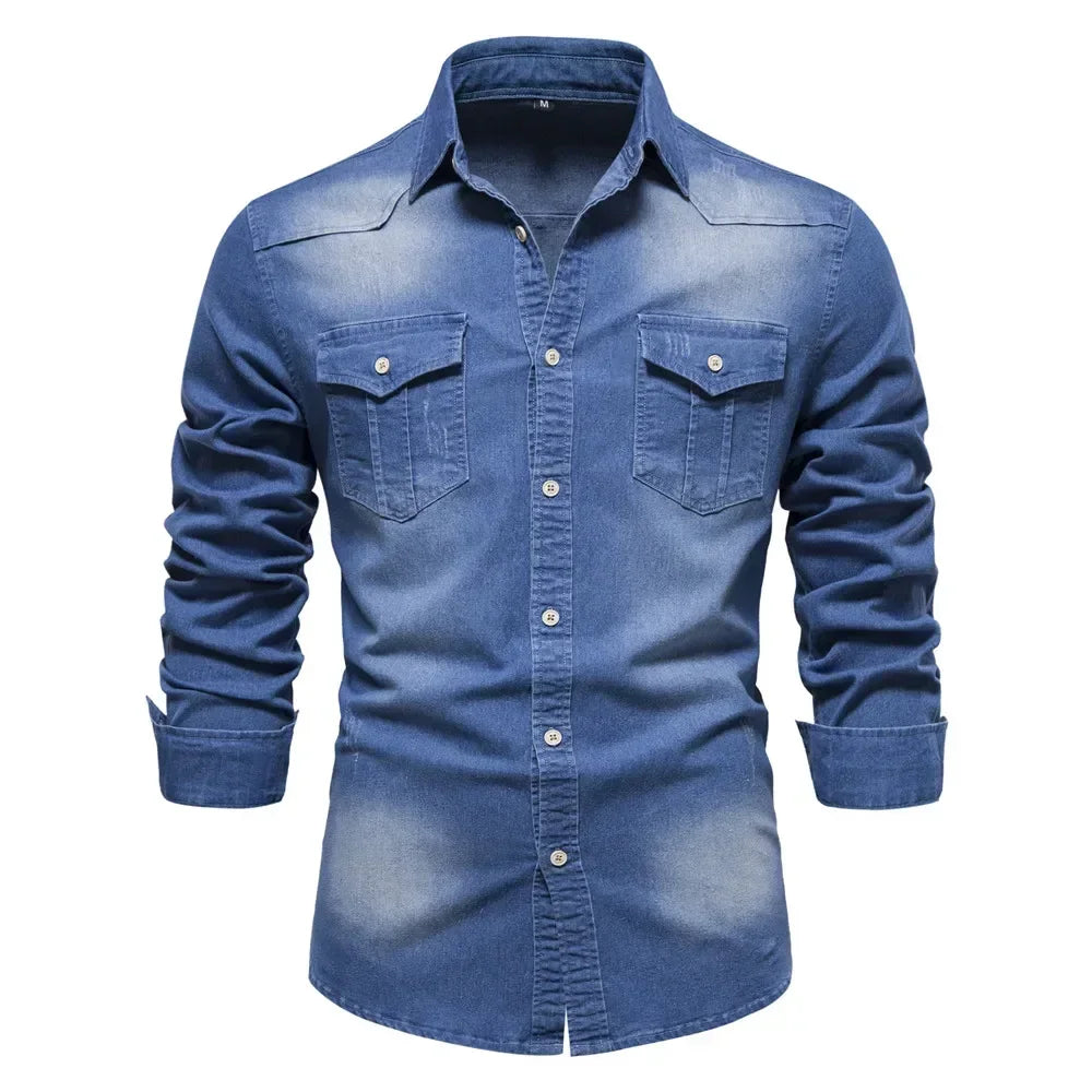 Men’s Slim Fit Long Sleeve Denim Shirt – Casual Cotton Button-Down Cowboy Style for Spring & Autumn