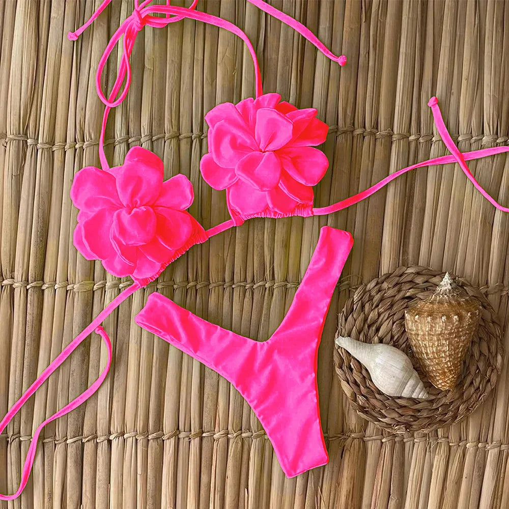 Sexy Floral Lace-Up Micro Bikini Set for Women – 2025 Brazilian Thong Swimwear, Push-Up Two-Piece Beach Bathing Suit