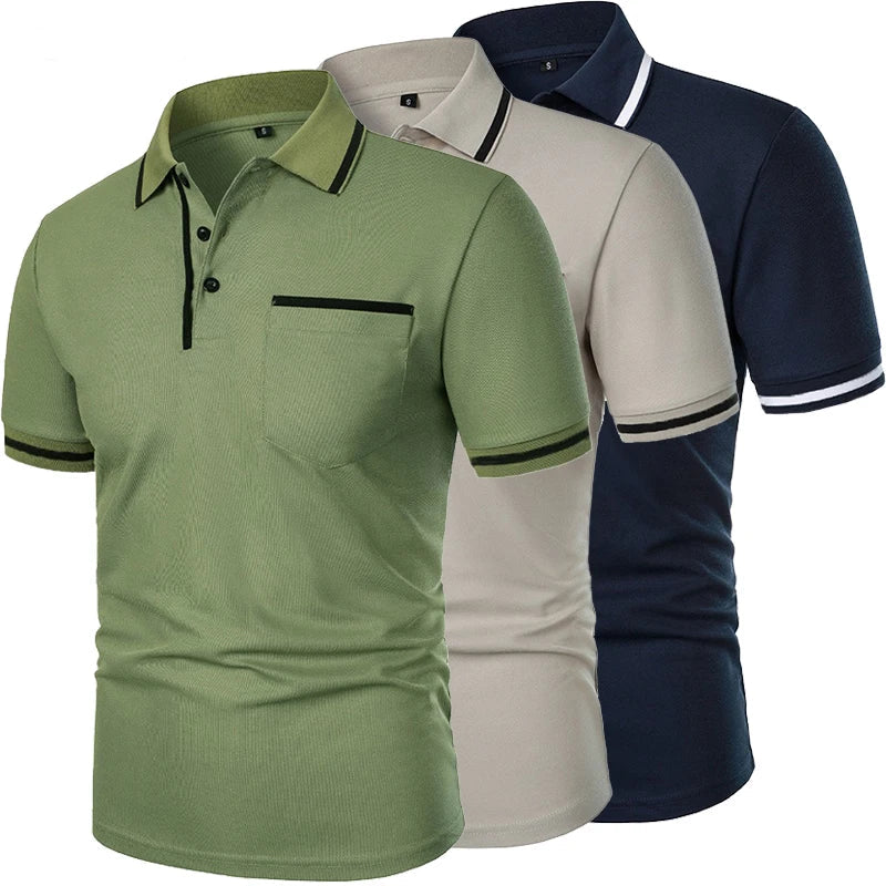 Men’s Breathable Summer Polo Shirt – Short Sleeve Solid Color Casual T-Shirt with Pocket | Lightweight, Anti-Wrinkle, Smart Casual Top