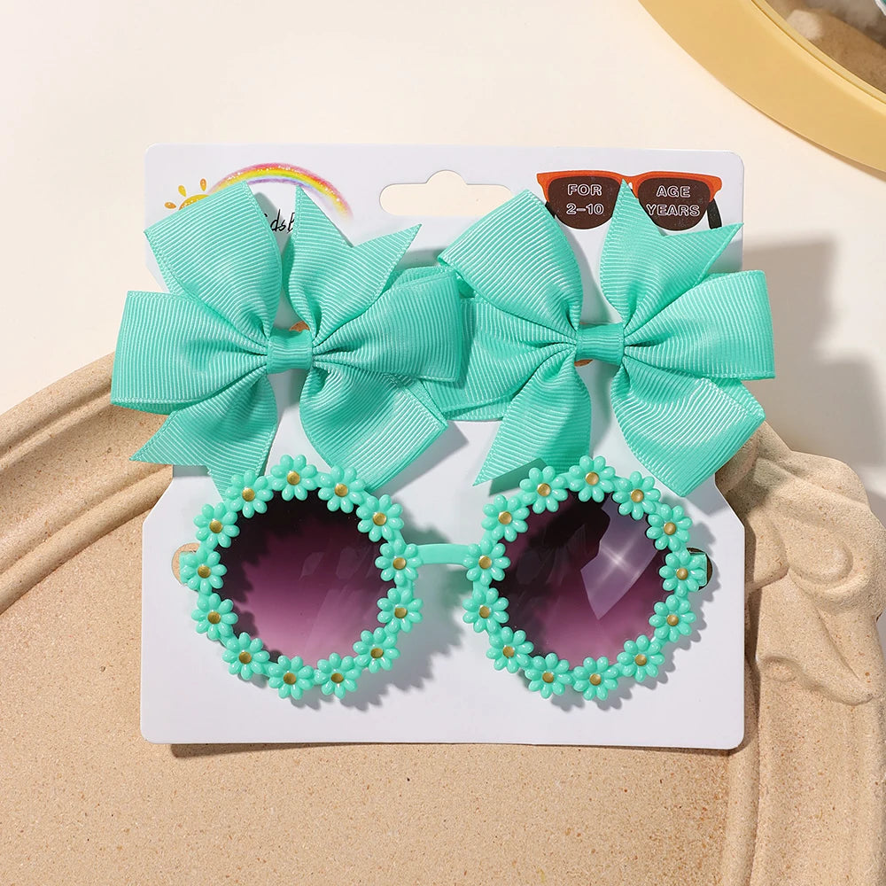 3-Piece Cheer Bow Hair Clip & Retro Flower Sunglasses Set – Handmade Cute Kids Accessories