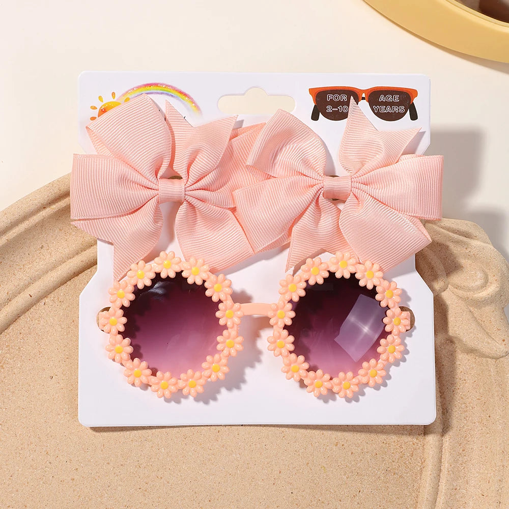 3-Piece Cheer Bow Hair Clip & Retro Flower Sunglasses Set – Handmade Cute Kids Accessories