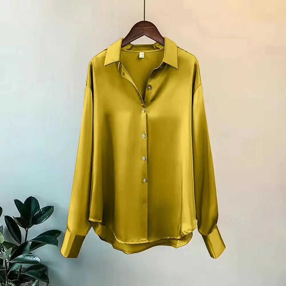 Elegant Satin Long Sleeve Button-Up Shirt - StarLuxeTrend