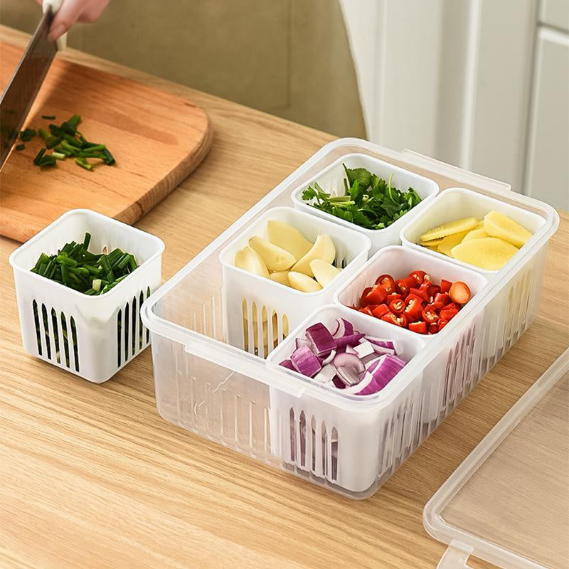 Multi-Grid Refrigerator Fresh-Keeping Box – Garlic, Onion, Ginger, Vegetable & Fruit Storage with Drain Basket