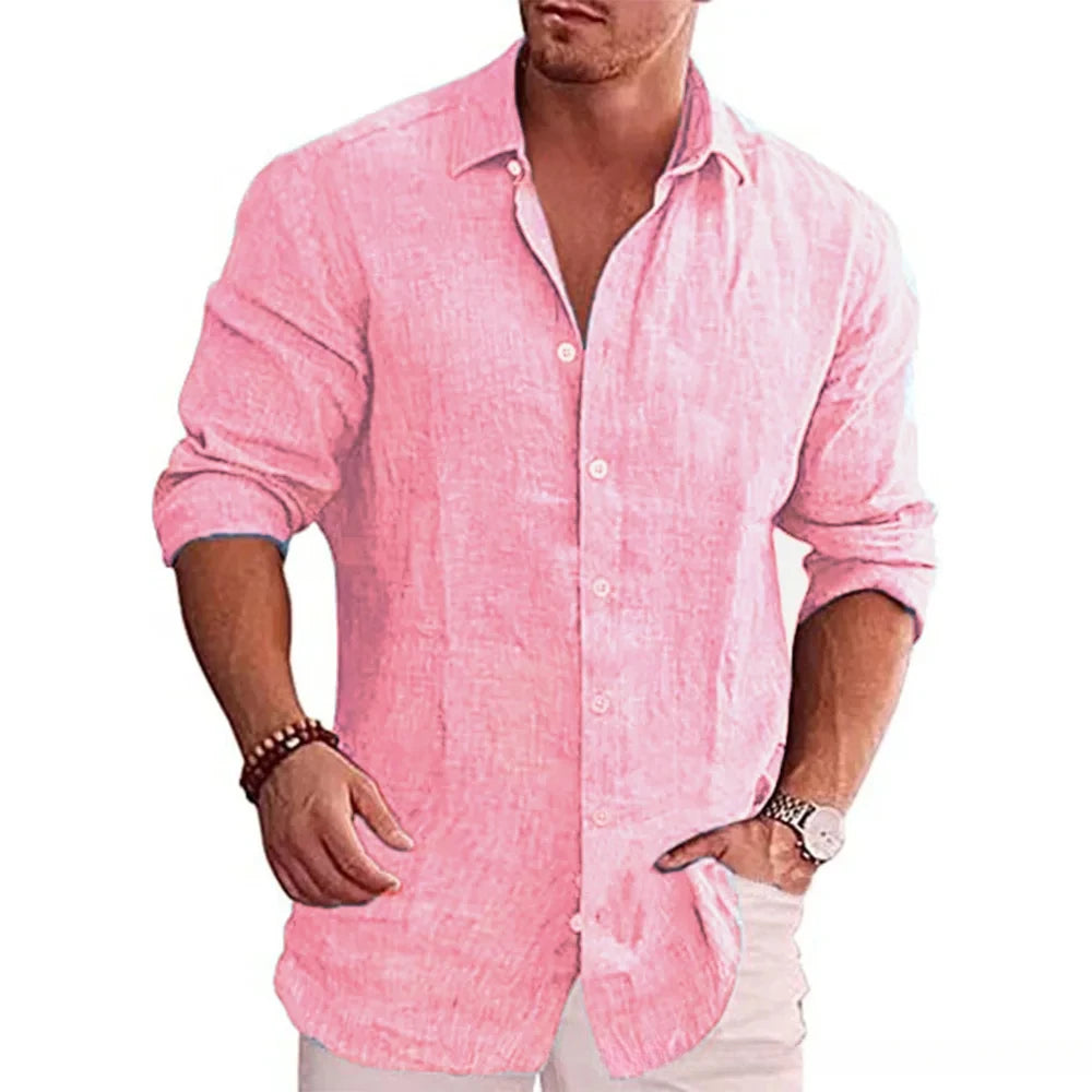 Men’s Casual Long Sleeve Cotton Linen Shirt – Lightweight Breathable Spring & Autumn Button-Down Top