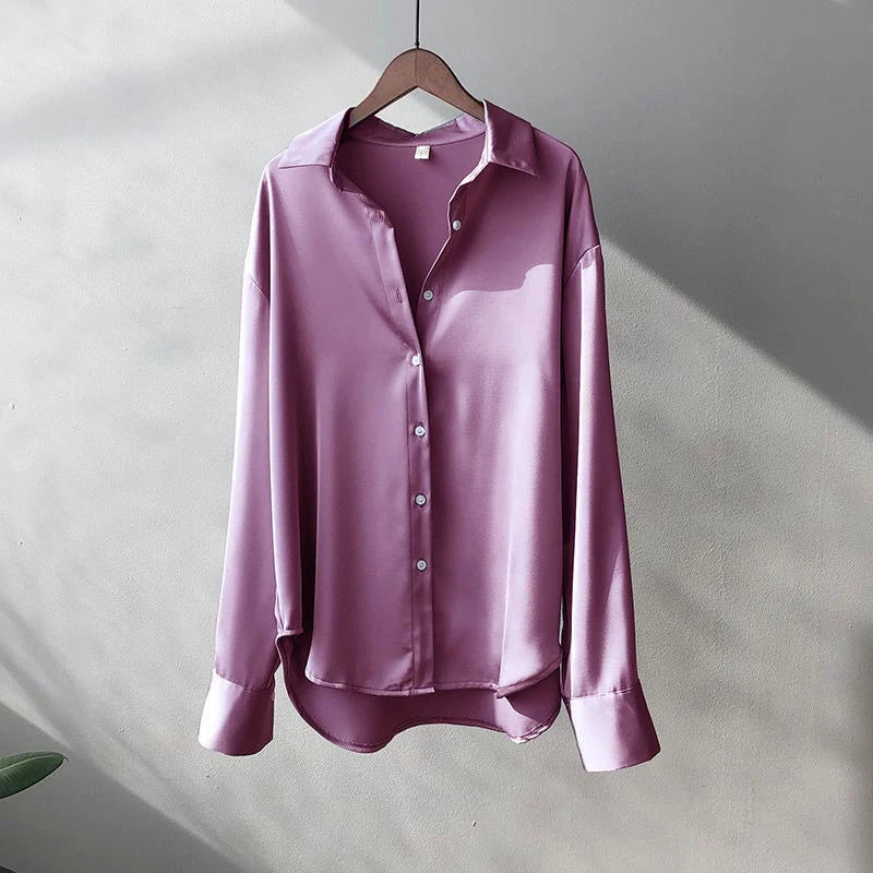 Elegant Satin Long Sleeve Button-Up Shirt - StarLuxeTrend