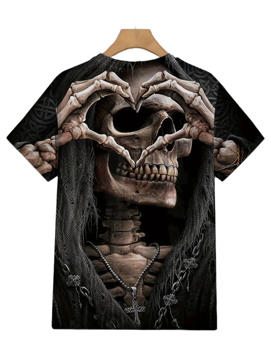 Gothic Skull Heart Hands Graphic Men's Casual T-Shirt – Cool Black Short Sleeve Crewneck Streetwear Tee