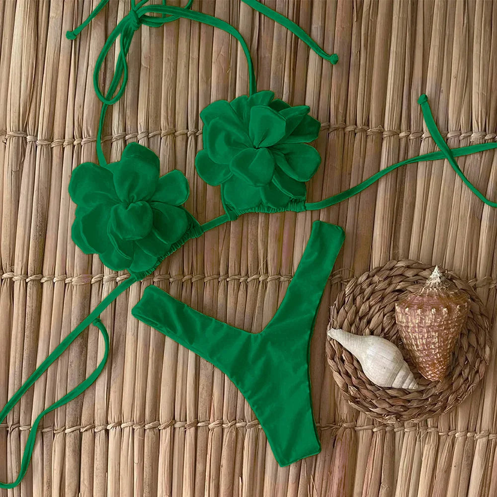 Sexy Floral Lace-Up Micro Bikini Set for Women – 2025 Brazilian Thong Swimwear, Push-Up Two-Piece Beach Bathing Suit