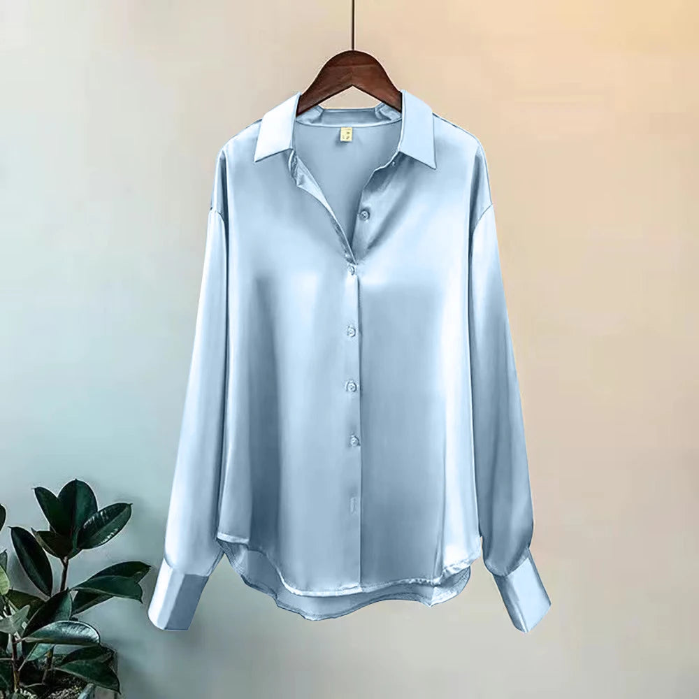 Elegant Satin Long Sleeve Button-Up Shirt - StarLuxeTrend