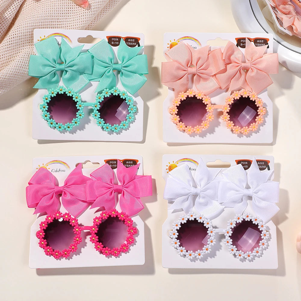 3-Piece Cheer Bow Hair Clip & Retro Flower Sunglasses Set – Handmade Cute Kids Accessories