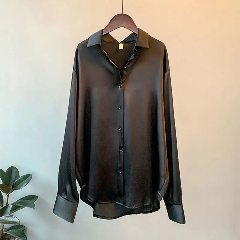 Elegant Satin Long Sleeve Button-Up Shirt - StarLuxeTrend