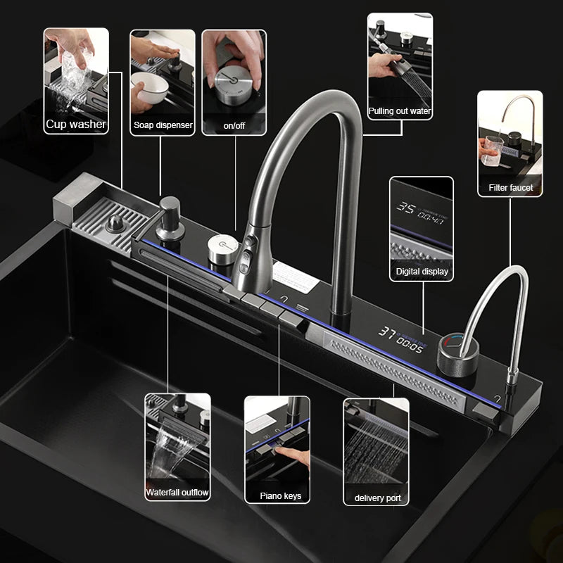 Premium Digital Stainless Steel Waterfall Kitchen Sink - StarLuxeTrend