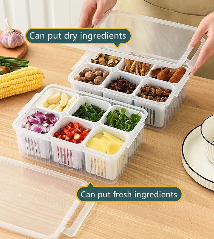 Multi-Grid Refrigerator Fresh-Keeping Box – Garlic, Onion, Ginger, Vegetable & Fruit Storage with Drain Basket