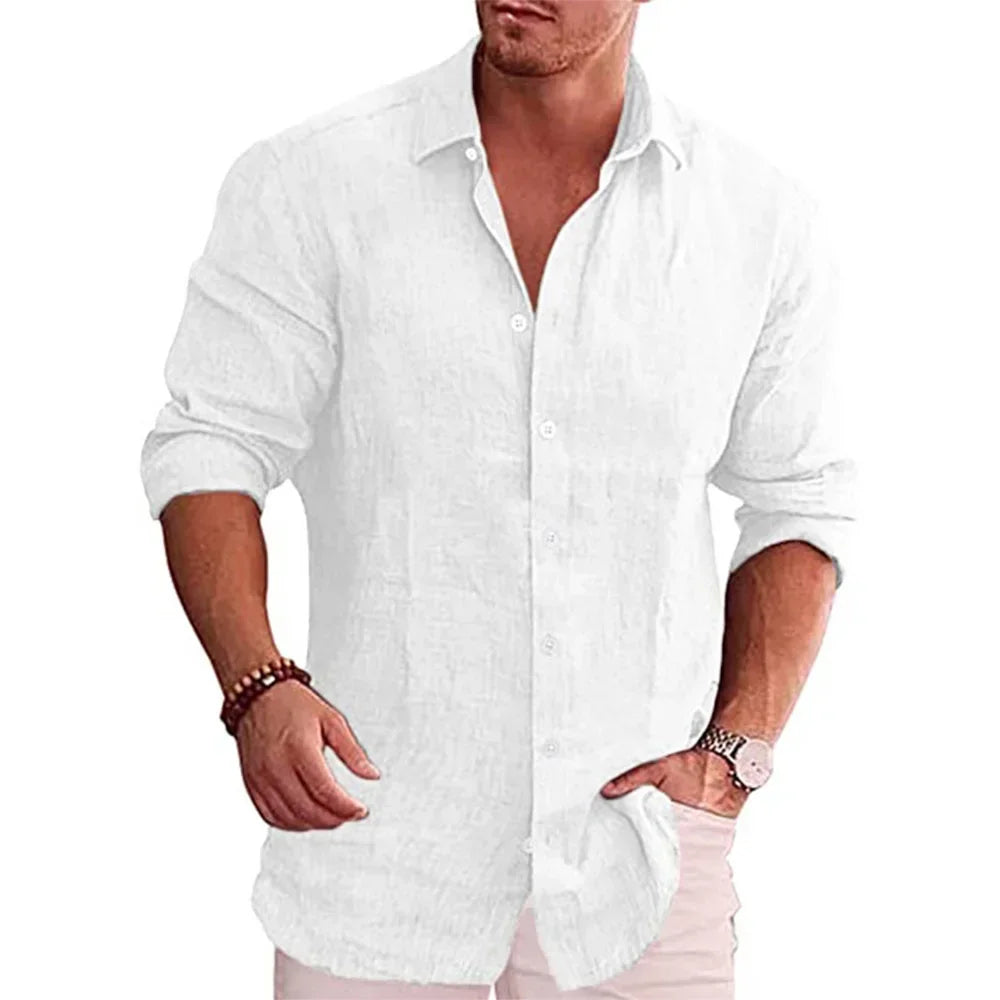 Men’s Casual Long Sleeve Cotton Linen Shirt – Lightweight Breathable Spring & Autumn Button-Down Top
