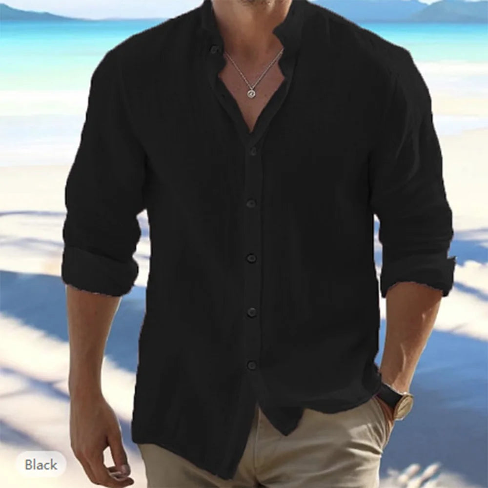 Men's Cotton Linen Long-Sleeved Shirt – Summer Casual Beach Style, Solid Color, Stand-Up Collar, Plus Size - StarLuxeTrend