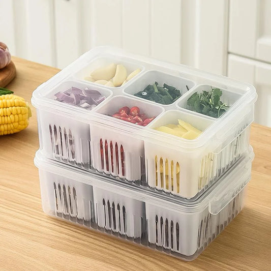 Multi-Grid Refrigerator Fresh-Keeping Box – Garlic, Onion, Ginger, Vegetable & Fruit Storage with Drain Basket
