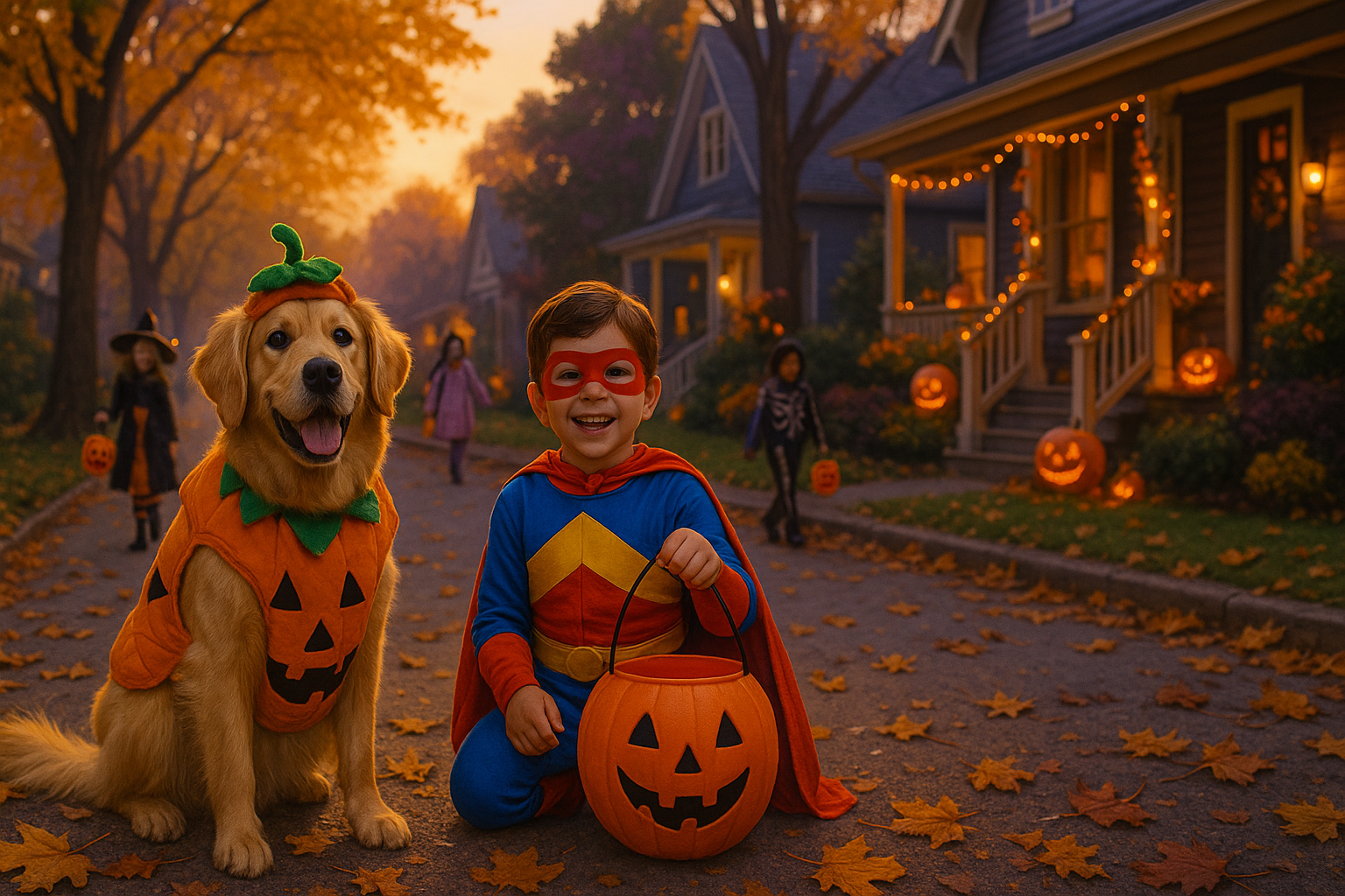 make a hero banner background image (slideshow) of a Scene: A friendly trick-or-treat setting with kids and pets dressed in costumes.
Foreground: Smiling dog in a pumpkin outfit, child holding a candy bucket.
Mood: Playful + welcoming, perfect if you’re highlighting pet costumes.